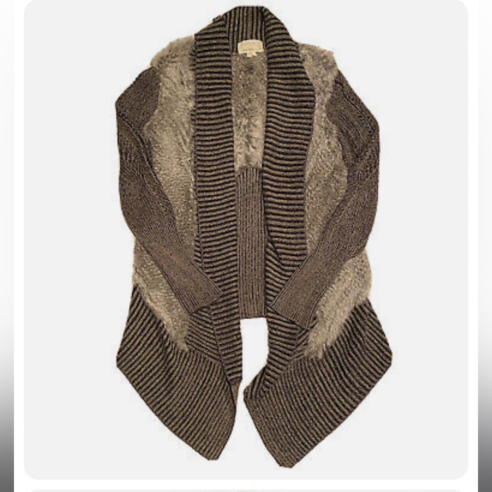 Nicole Miller Atelier Open Front Cardigan Rabbit Fur Trim Long Warm Cozy Small